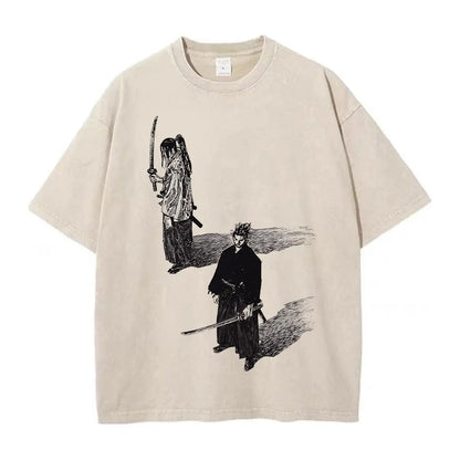 Men Streetwear Tshirt Anime Vagabond Graphic Print Vintage Harajuku Washed Black T Shirt Men Summer Casual Cotton Loose Top Tee