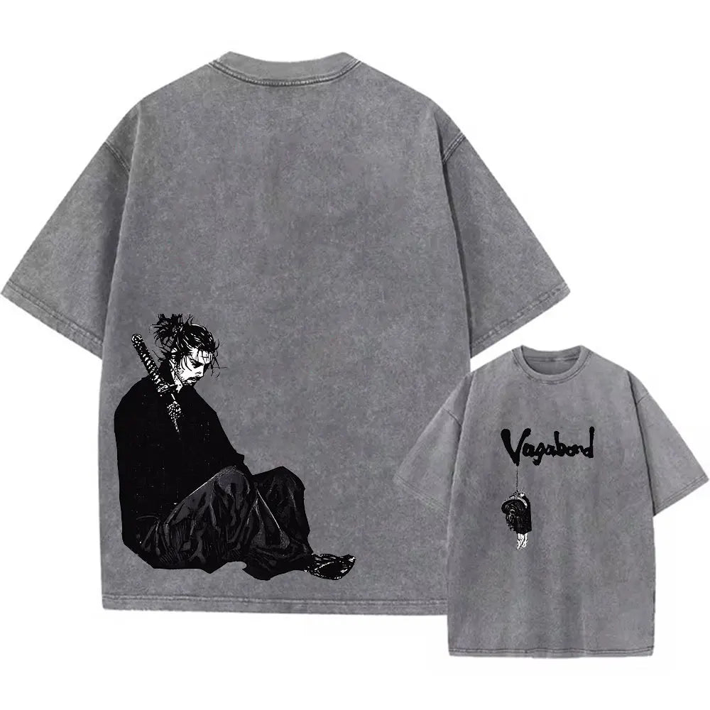 Men Streetwear Tshirt Anime Vagabond Graphic Print Vintage Harajuku Washed Black T Shirt Men Summer Casual Cotton Loose Top Tee