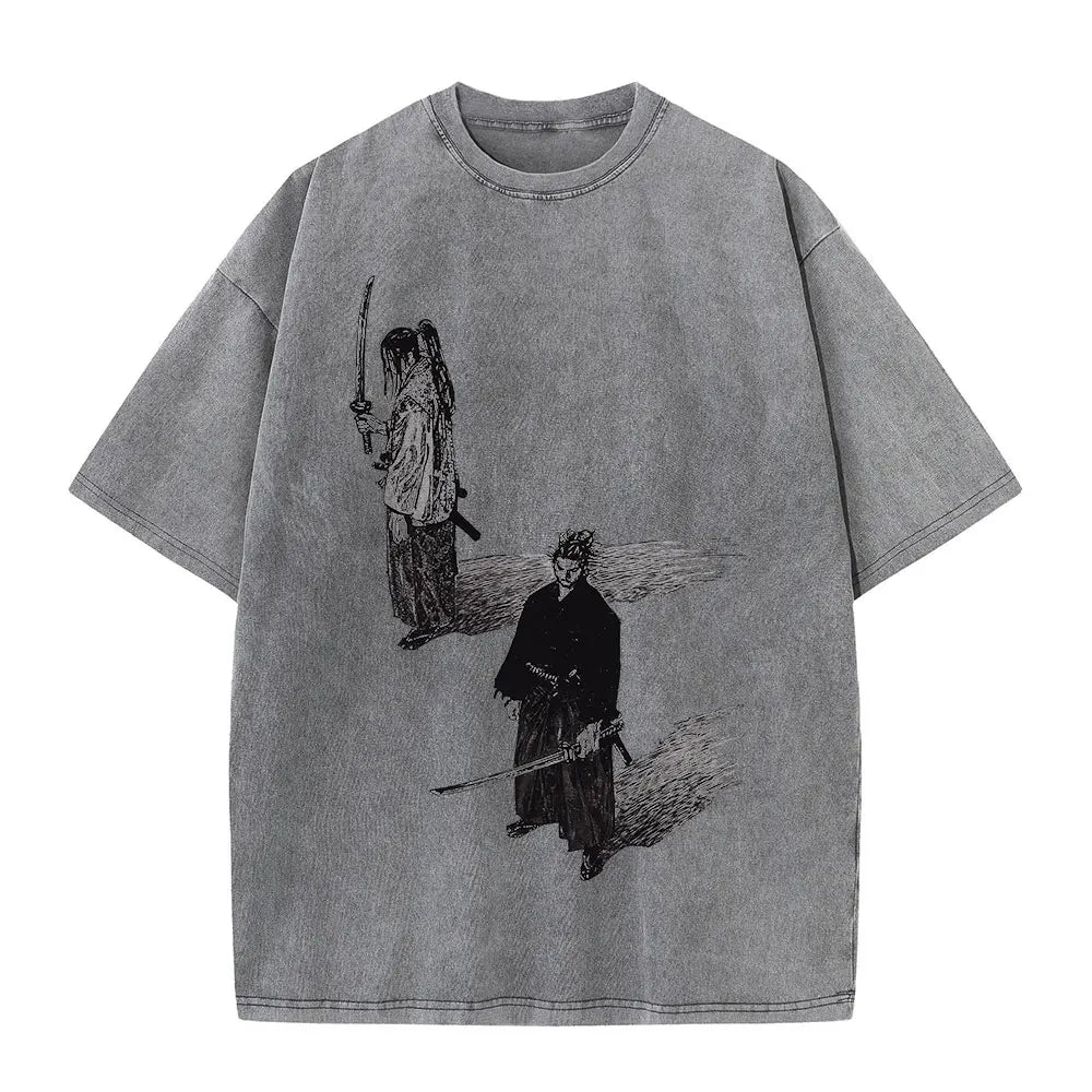 Men Streetwear Tshirt Anime Vagabond Graphic Print Vintage Harajuku Washed Black T Shirt Men Summer Casual Cotton Loose Top Tee