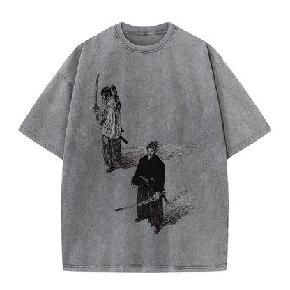 Men Streetwear Tshirt Anime Vagabond Graphic Print Vintage Harajuku Washed Black T Shirt Men Summer Casual Cotton Loose Top Tee