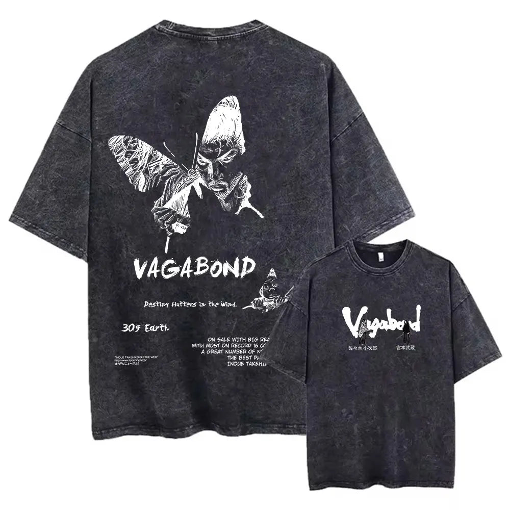 Men Streetwear Tshirt Anime Vagabond Graphic Print Vintage Harajuku Washed Black T Shirt Men Summer Casual Cotton Loose Top Tee