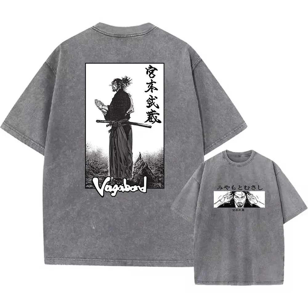Men Streetwear Tshirt Anime Vagabond Graphic Print Vintage Harajuku Washed Black T Shirt Men Summer Casual Cotton Loose Top Tee