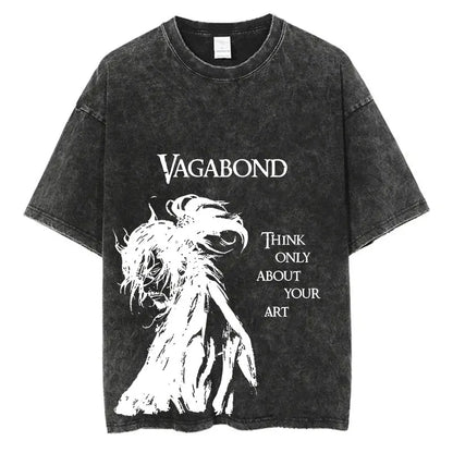 Men Streetwear Tshirt Anime Vagabond Graphic Print Vintage Harajuku Washed Black T Shirt Men Summer Casual Cotton Loose Top Tee