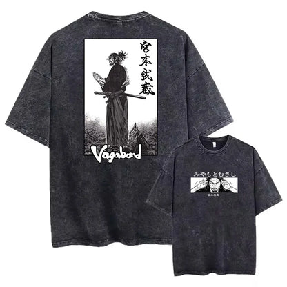 Men Streetwear Tshirt Anime Vagabond Graphic Print Vintage Harajuku Washed Black T Shirt Men Summer Casual Cotton Loose Top Tee
